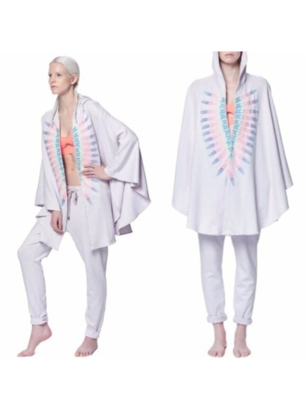 Mara Hoffman Feather Coracias Hooded Cape Embroidered Open Front Terry